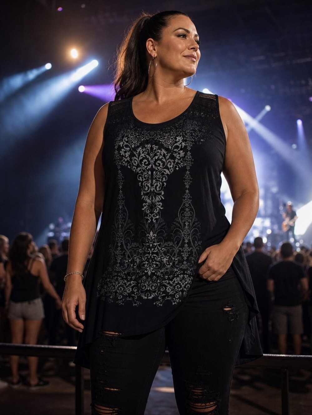 Whimsigoth Avenue Black Sleeveless Tunic with Silver Scroll Print
